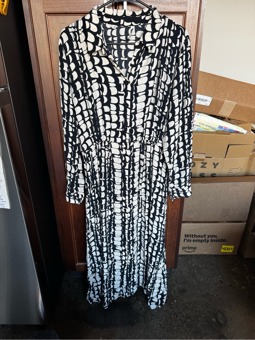 Zara Geometric Print Shirt Dress XXL Black White Abstract Mod Maxi Button Front - Picture 6 of 13